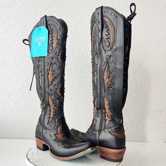 Lane boots Shoes - Lane Reverie Knee High Womens Cowboy Boots 6 Black Brown Western Cowgirl Lace Up